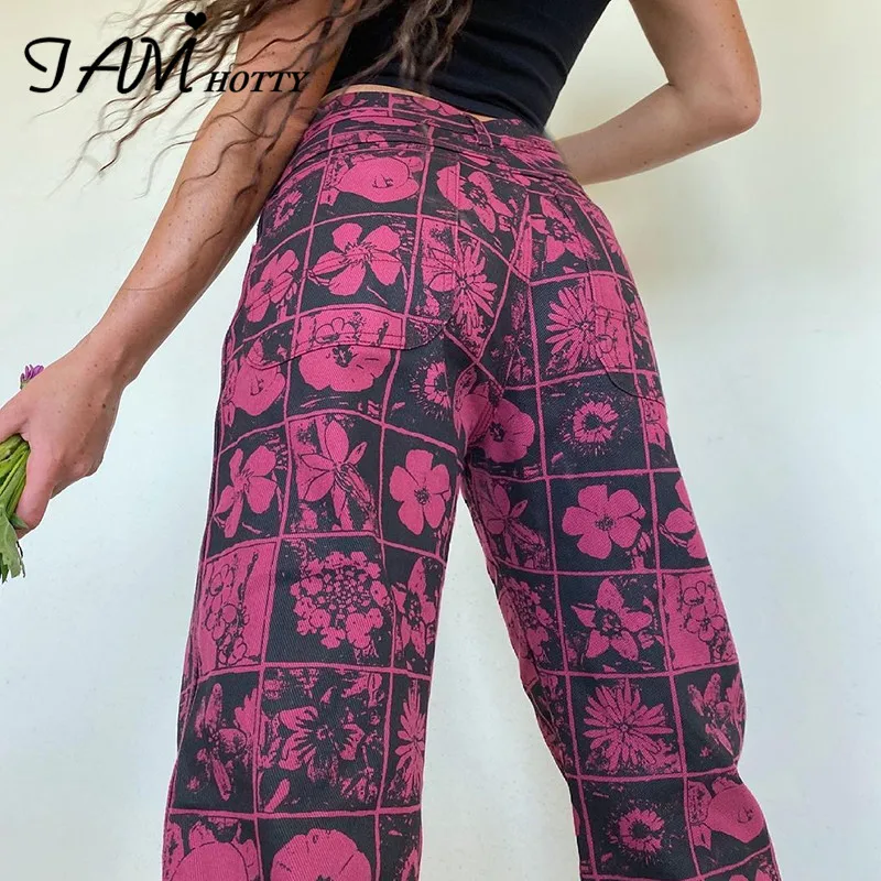 

y2k Aesthetic Pink Flower Printed Jeans Women Harajuku High Waist Baggy Straight Denim Trousers Mom Cargo Pants Street Iamhotty