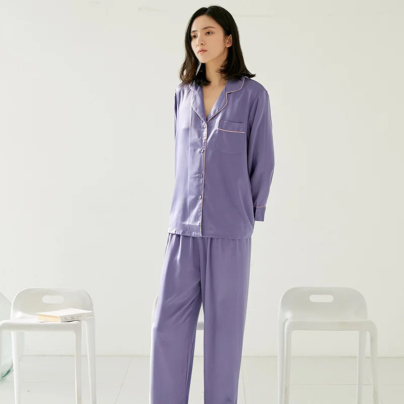 

2021 New Homewear Casual Pajamas Suit Solid Purple Sleep Set Intimate Lingerie Satin Nightwear Pyjamas Long Sleeve Sleepwear