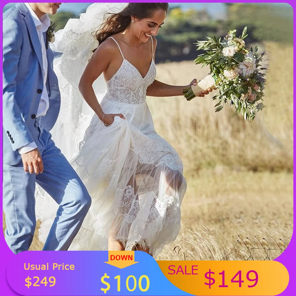 

Gardenwed 2020 V Neck Beach Wedding Dresses Sexy Backless Lace Bride Dresses Spaghetti Straps A Line Long Bridal Gowns