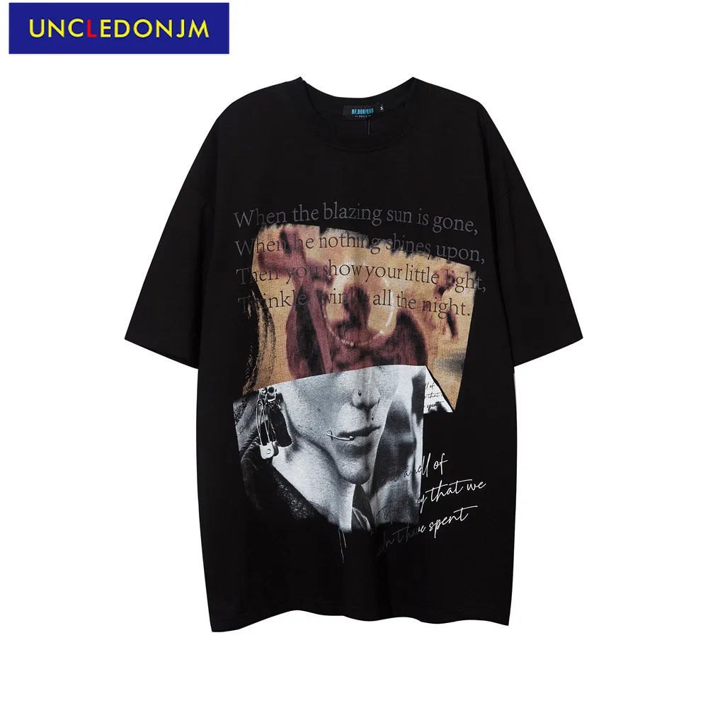 

UNCLEDONJM 2021 Men's Fashion Characters Graffiti Tees Hip Hop Oversize Tees Summer Short Sleeve Cotton Tops for Male UBO2168