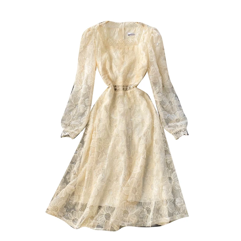 

Gentle wind dress spring dress 2021 new women's heavy industry embroidery Sequin Flower medium length lace Fairy Dress