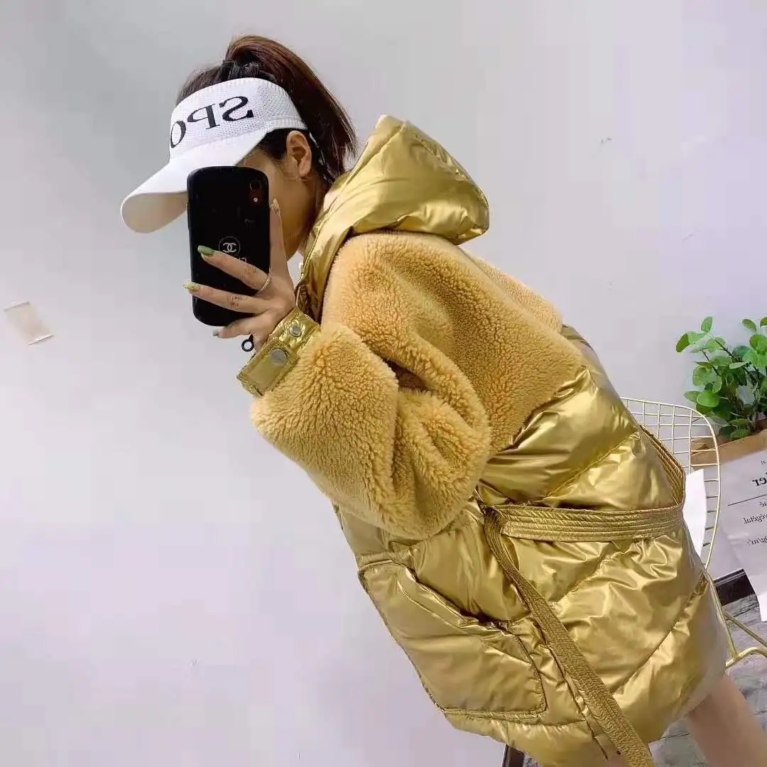 Женские пальто, зима 90%, белый утиный пух, куртка, тонкая одежда, пэчворк, овечий мех, пальто с капюшоном, Толстая теплая парка, талия, шерсть, смесь