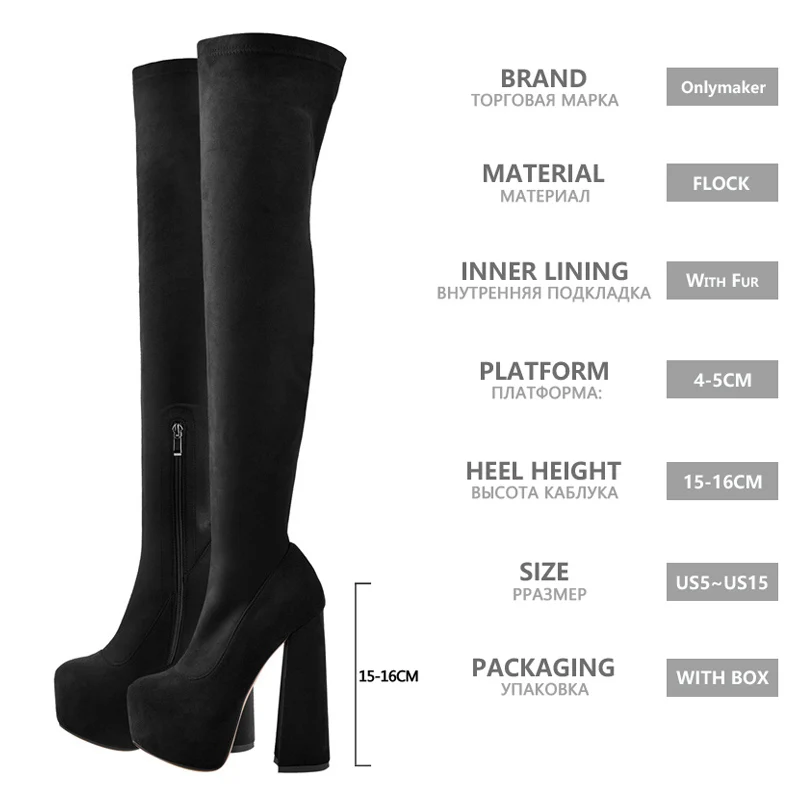 Onlymaker Winter Over The Knee Women Boots Stretch Fabrics Platform Chunky High Heel Slip on Shoes Pointed Toe  Zipper  Boots