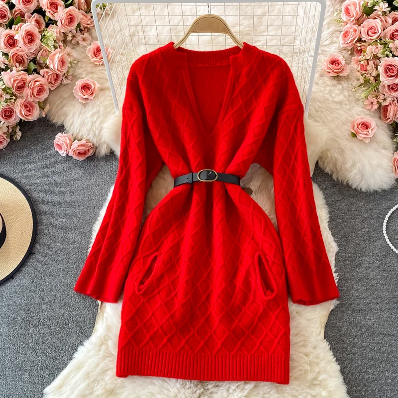 Женское трикотажное мини-платье с поясом элегантное красное платье-свитер