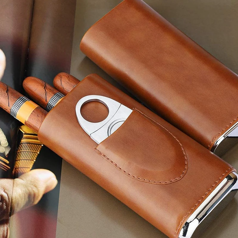 SHGO-caja de cigarros portátil de 3 dedos, alta calidad, Funda de cuero marrón para puros con cortador de cigarros