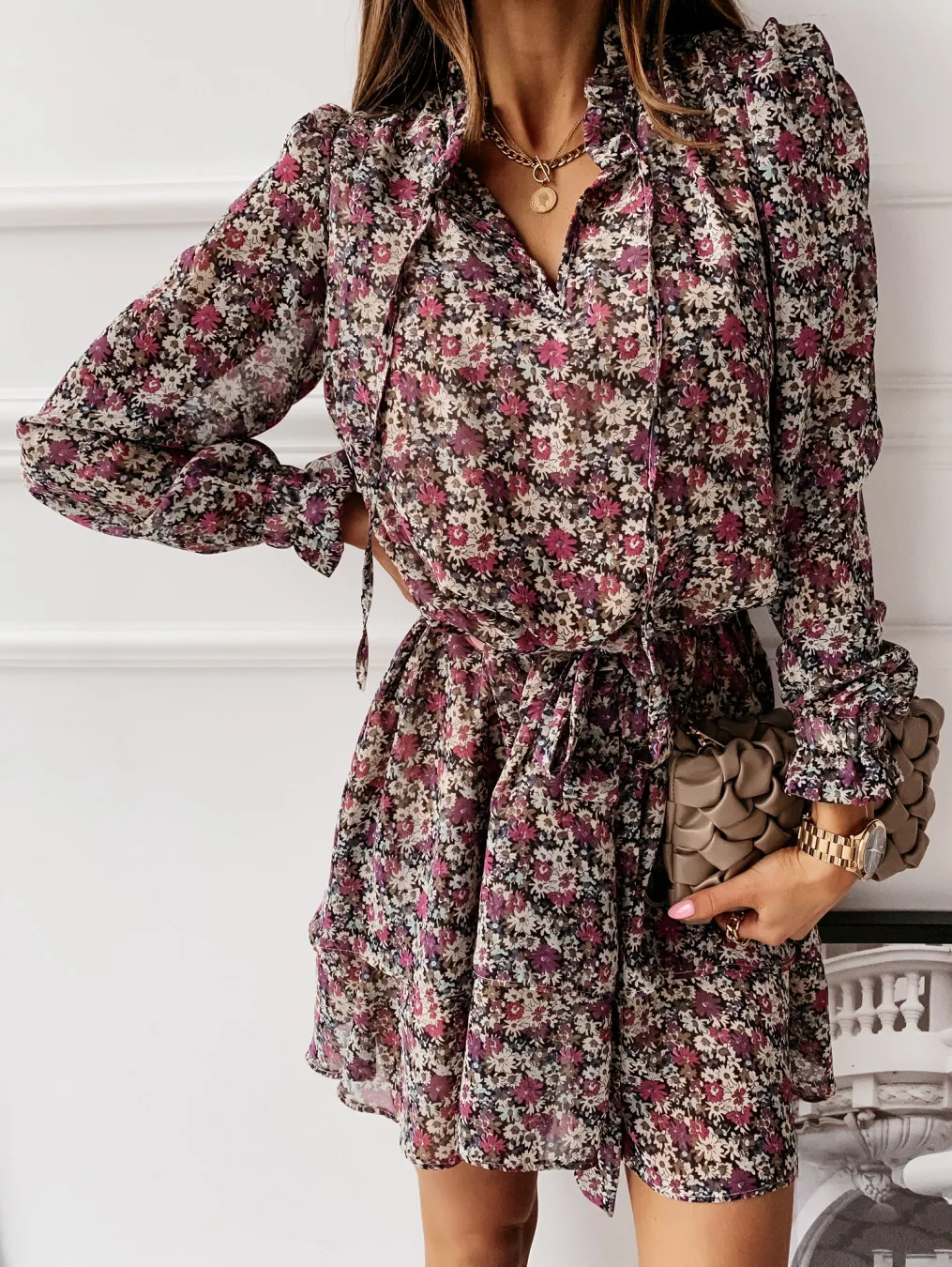 

New product fashion printed waist short long-sleeved dress women