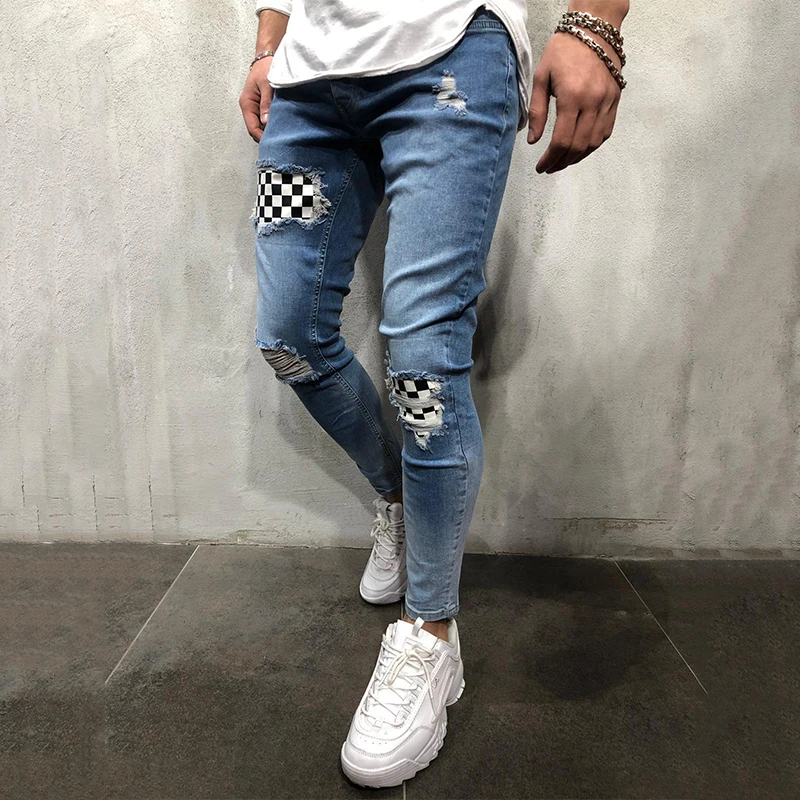 

Denim Pants Men's Jeans Fashion Lattice Patchwork Men Clothing Slim Trousers ropa hombre Casual Pants for Men Skinny Jeans