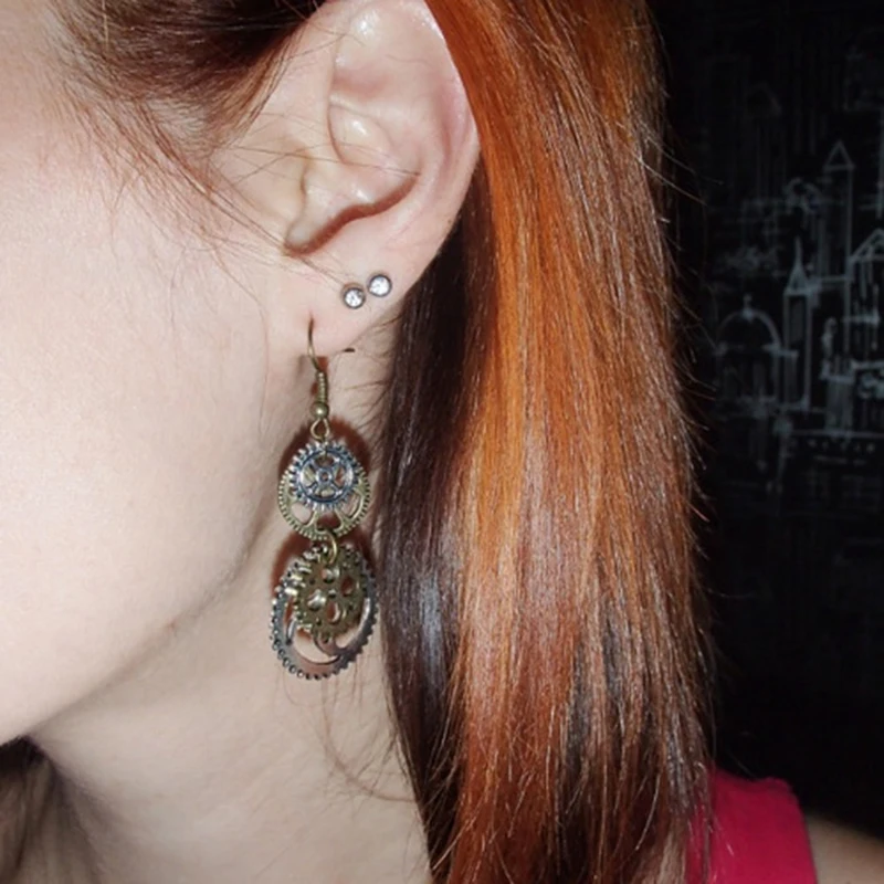 

Vintage Mechanical Gear Drop Earrings Two Tone Double Layer Hallow Out Dangle Earrings for Women Steampunk Gothic Party Jewelry