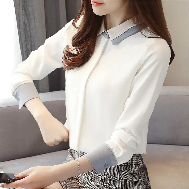 

Белая рубашка женская с длинным рукавом весна осень пэчворк отложной воротник Дамские топы офисная Дамская шифоновая блузка размера плюс ...