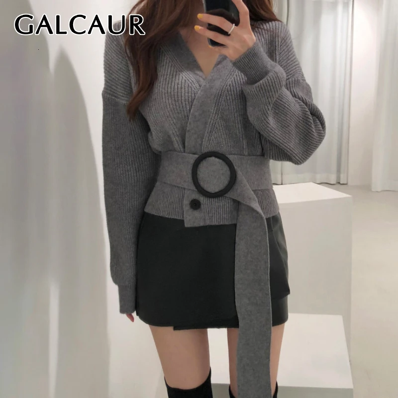 Женский вязаный кардиган GALCAUR с v образным вырезом и длинным рукавом корейский