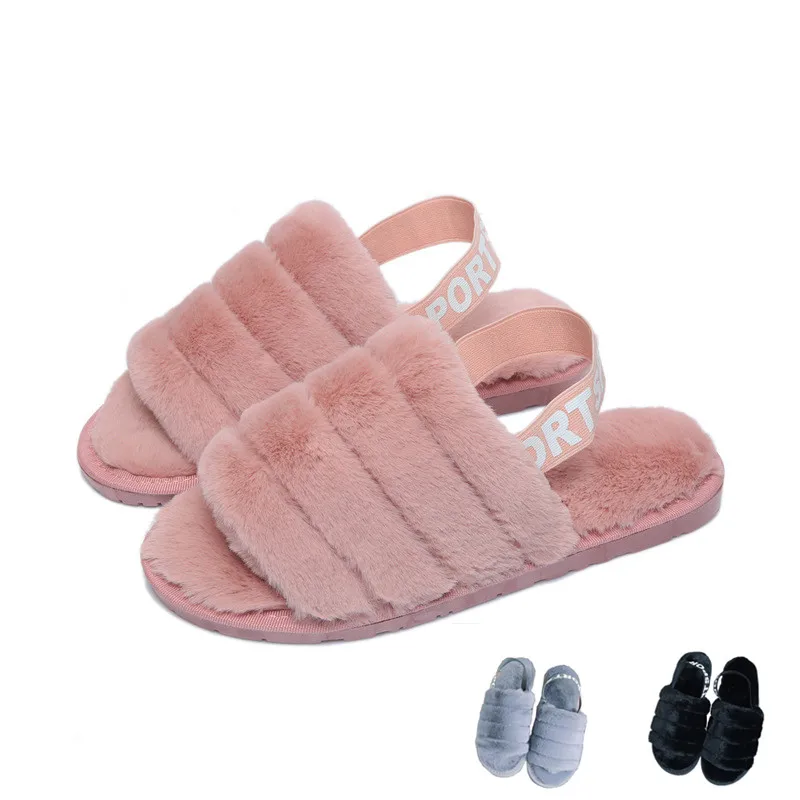 Liam Fuzzy/домашние тапочки с ремешком; женские зимние плюшевые шлепанцы с открытым носком; Милая обувь на нескользящей подошве