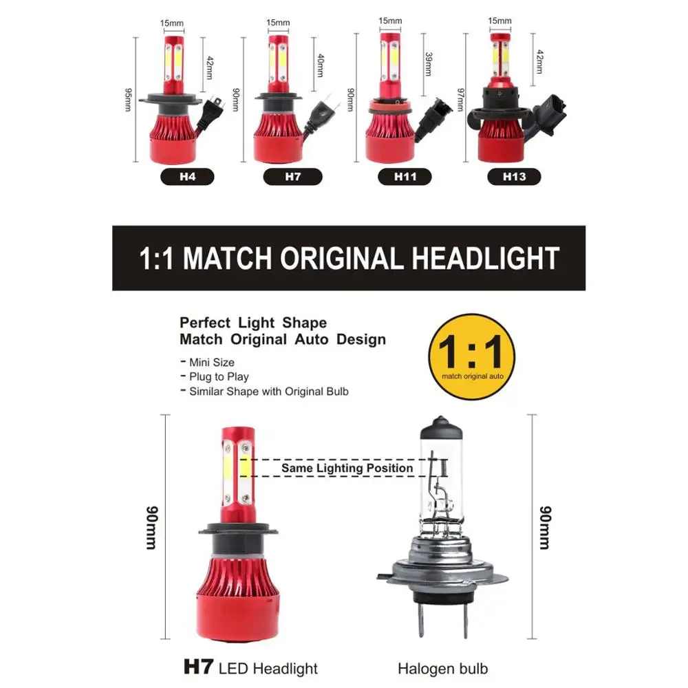 Новый 4 сторонний автомобильный налобный фонарь H7 LED H4 H1 H3 H11 H13 HB1 HB4 HB5 9003 9004 9005 9006 9007