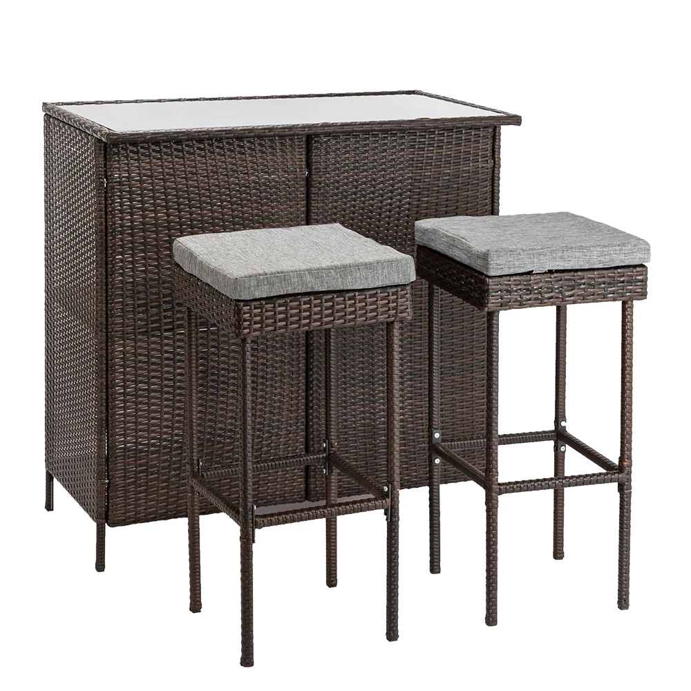 

3-Piece Outdoor Patio Wicker Bar Furniture Set Brown Glass Table and Two Stools with Cushions[US-Stock]
