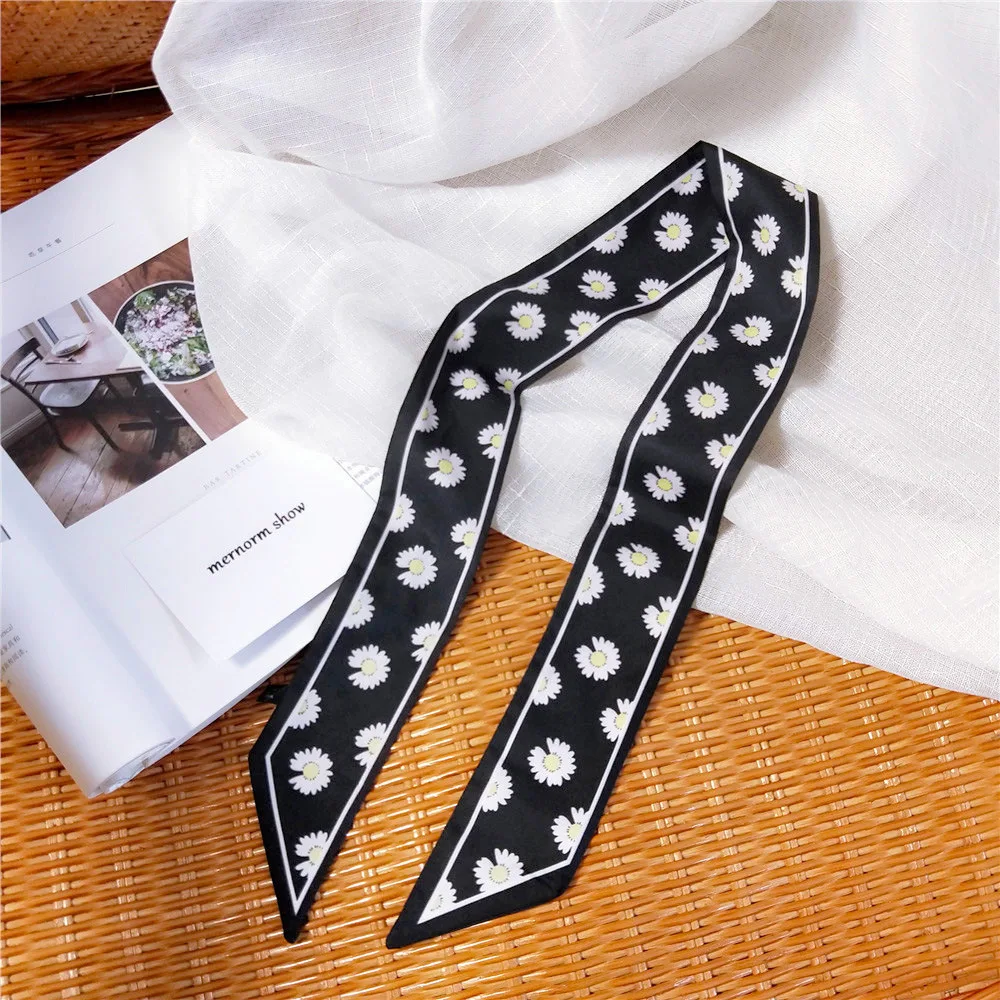 

2021 New Summer Daisy Flower Printed Silk Neck Skiny Scarf Bandana Small Head Neckerchiefs Scarves for Women Handbag Purse Scarf