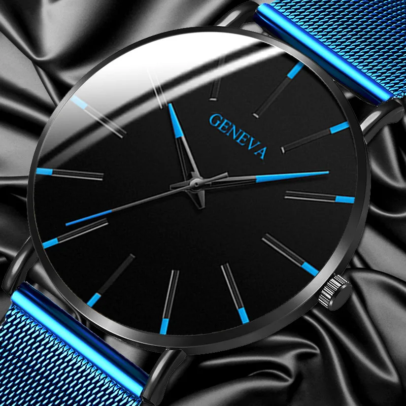 

Мужские наручные часы Reloj Hombre, спортивные, ультратонкие, с сетчатым стальным ремешком, с календарем и синей иглой, 2020