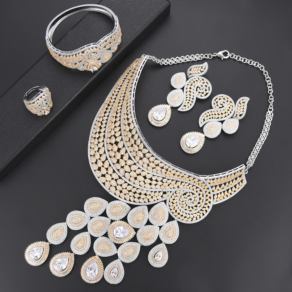 LARRAURI Новый Эффектный павлиний кубический цирконий ожерелье серьги кольцо браслет Дубай ювелирные наборы для женщин помолвка