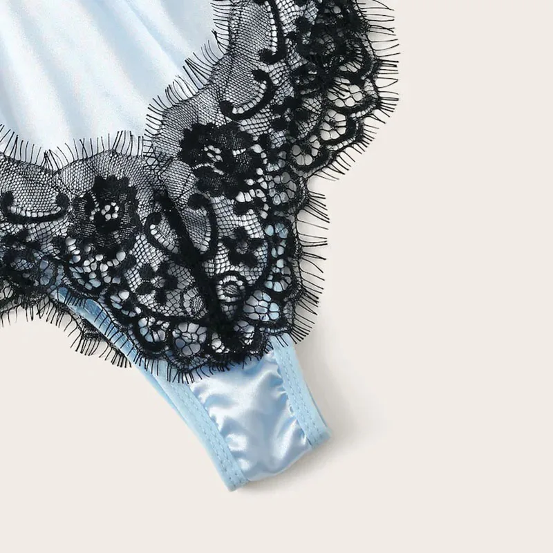 

Sexy Lace Satin Silk Stitching Blue Pajamas For Women Underwear Deep V Lace Onesies Sleeveless Sleepwear Female Nightwear