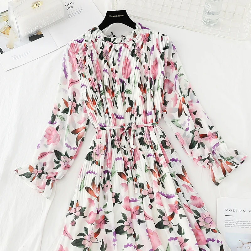 

Autumn Winter Floral Print Women Dress Lace Up Female Pleated Dress Summer Party Midi Chiffon Vestidos femme 2020