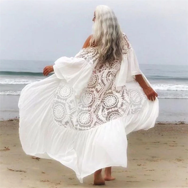 

2021 New Bikini Cover-ups Sexy Belted Summer Dress White Lace Tunic Women Plus Size Beach Wear Swim Suit Cover Up Q1049