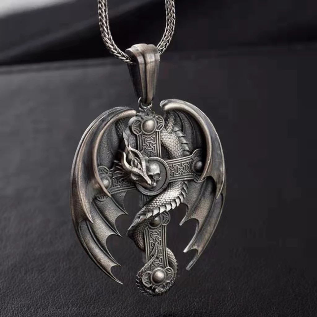 

Pure Tin Retro Cross Pendant Necklace Dragon Skull Jesus Religious Punk Steam Cool Men's Fashion Titanium Steel Accessories