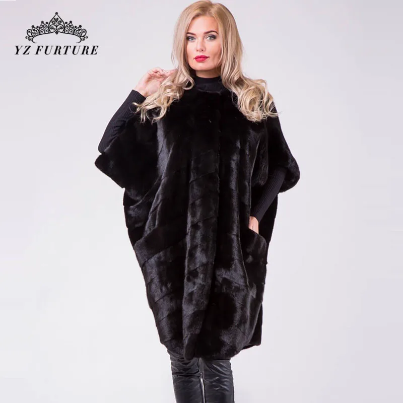 Женское Норковое Пальто с коротким рукавом длинное пальто круглым воротником и