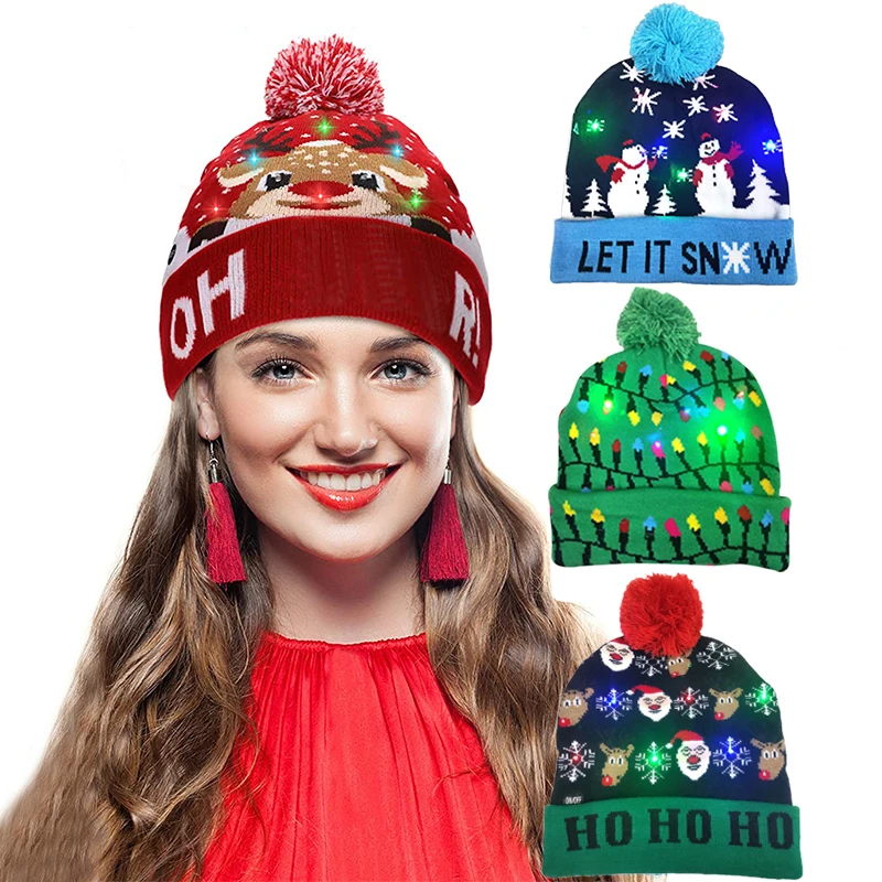 

Winter Hats Christmas Hat 2022 New LED Knitted Hat with Luminous Warm Hat Children Adult New Year Christmas Decorations Navidad