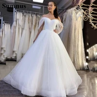 white tulle off the shoulder wedding dress v neck back zipper simple bride gowns a line princess wedding dresses robe de mariee