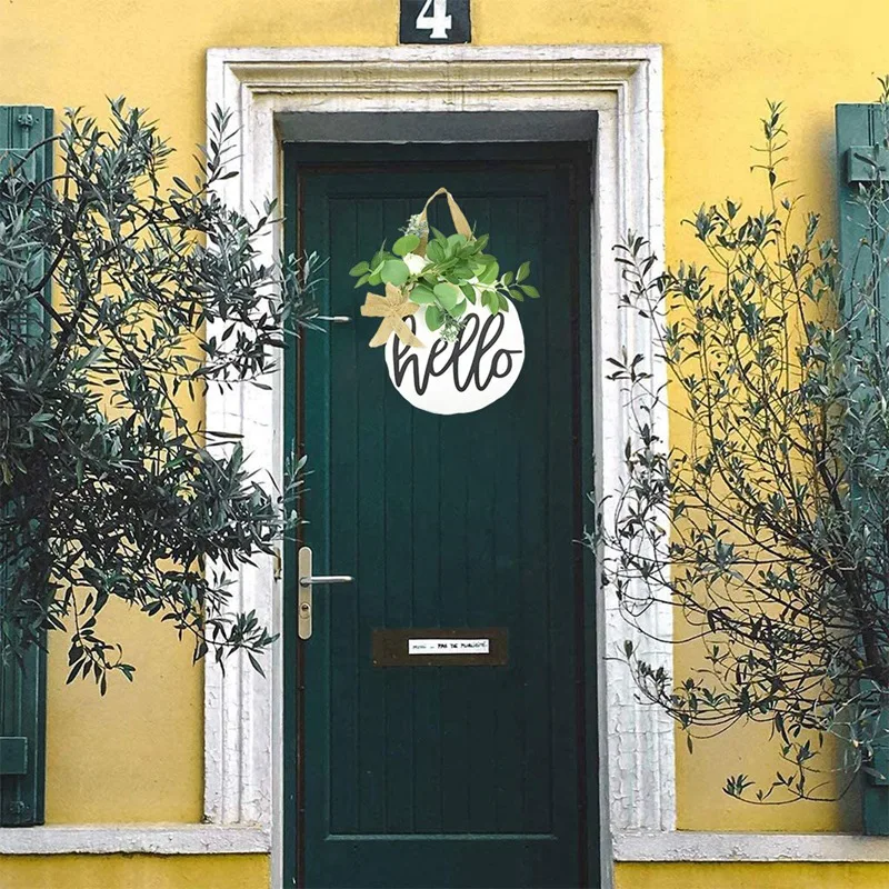 

Hello Sign Rustic Front Door Decor Wreath Round Wood Hanging Sign Farmhouse Porch Decorations for Home, White