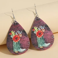 2021 new style western cowboy retro water drop floral leather earrings green leather boots pu double sided earrings