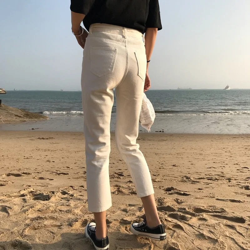 

All-match Ripped Hole High-waisted Solid Straight Slim Fit Jeans Spring Women Simple Casual Korean Fashion Ankle-length Pants