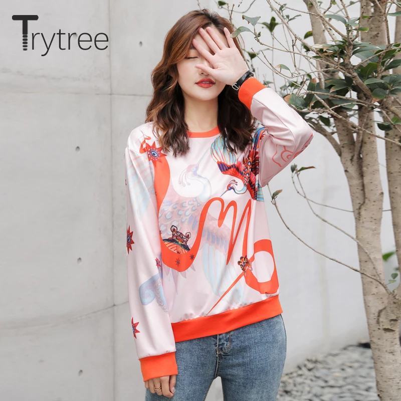 Trytree 2019 осенние женские модные толстовки с принтом Феникс пуловеры круглым