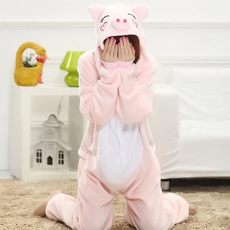 Animal Kigurumis Onesies Sleepwear for Adult Cartoon Pink Pig Women Pajama Winter Homewear Jumpsuit Pajama Suit Woman Rompers