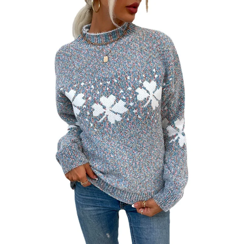 

2021 Fashion Women Sweater Autumn Casual Hot Sale Half High Neck Pullover Snowflake Print Loose Knit Long Sleeve Sweater