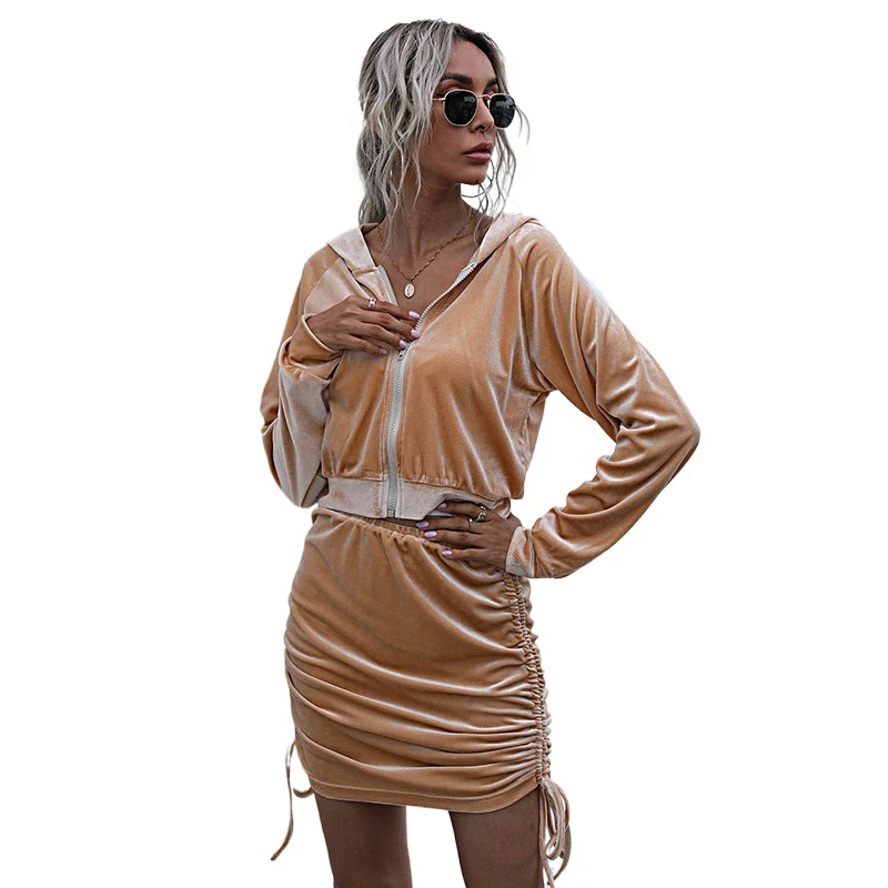 

Tracksuit Women Two Piece Set Velour Spring Autumn Clothes Flannel Long Sleeve Zipper Crop Top And Skirt Suit