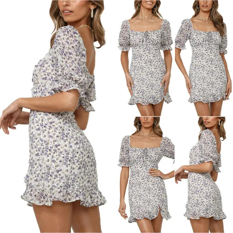 

Womens Dress Floral Print Short Sleeve Square Neck Ruffle Mini Dress Beach Summer Sundress Women Clothing