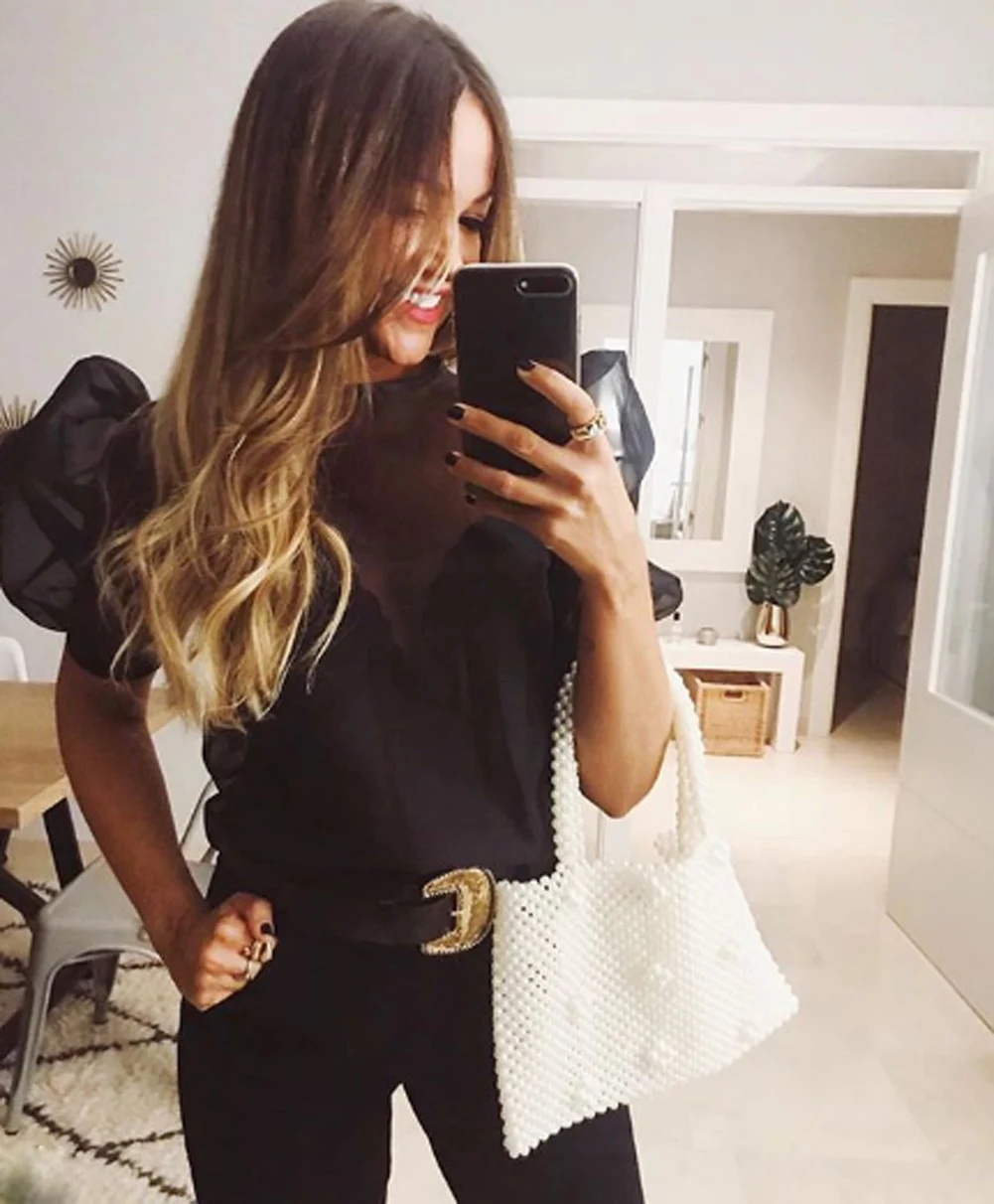 

Spring Women Short Puff Sleeve See Through Blouses Shirts Ladies Sexy Slim Fit Tops Solid O-Neck Casual Clothes