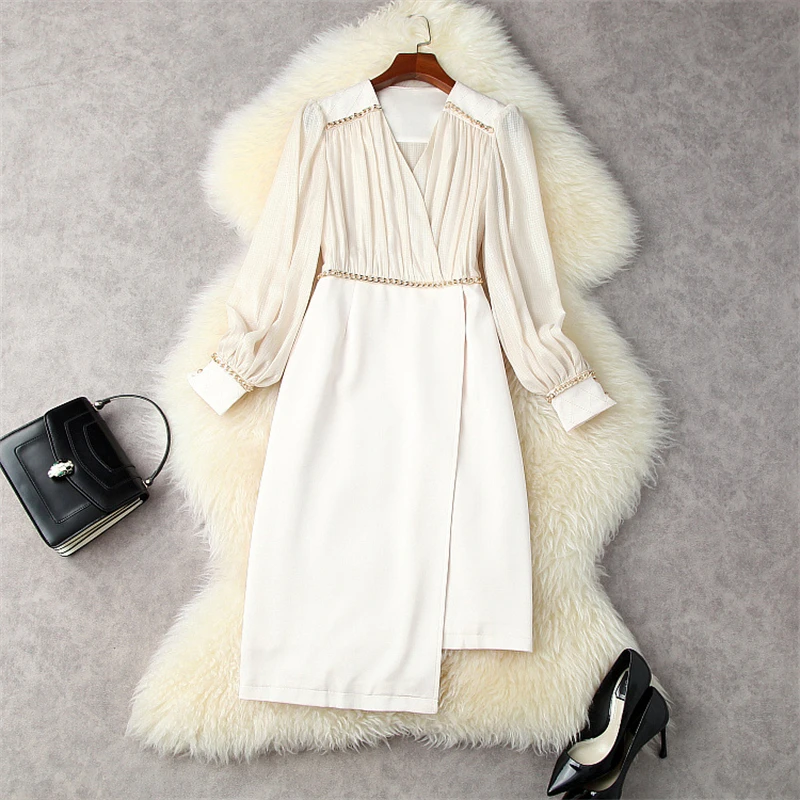

2021 Fashion Women's Autumn Full Sleeve Irregular Office Dress Elegant Vestidos V Neck Chains Patchwork Designer Party Robe