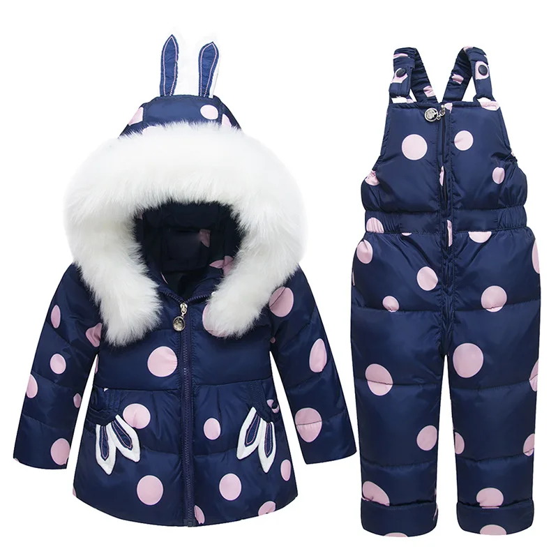 

-30 Winter Russia Children Snowsuit Clothing Set 80% Duck Down Pants-Jacket for Baby Girls Boys Coat Pony Overcoat Rabbit Ear