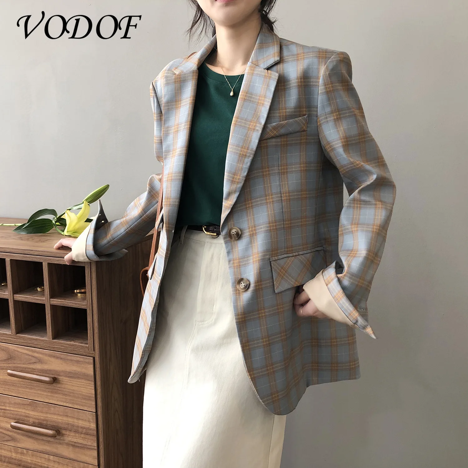 VODOF Plaid Women Blazer Coat Causal Long Sleeve Tweed Coat Short Office Ladies Pocket Women Suit Blazer