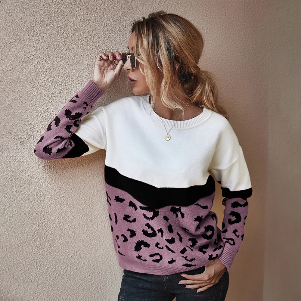 

Fashion Leopard Patchwork Autumn Winter 2020 Ladies Knitted Sweater Women O-neck Full Sleeve Jumper Pullovers Top Khaki Brown