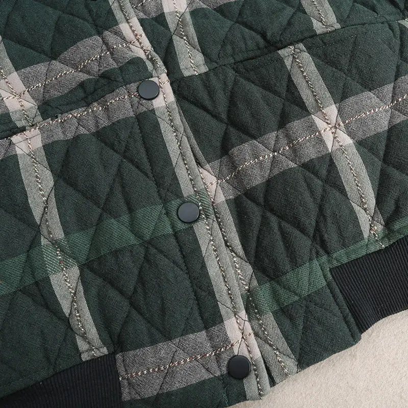 

2020 winter new cotton hemp jacket, Korean version, large size, thin printing, thickened stand collar, cotton plaid cotton