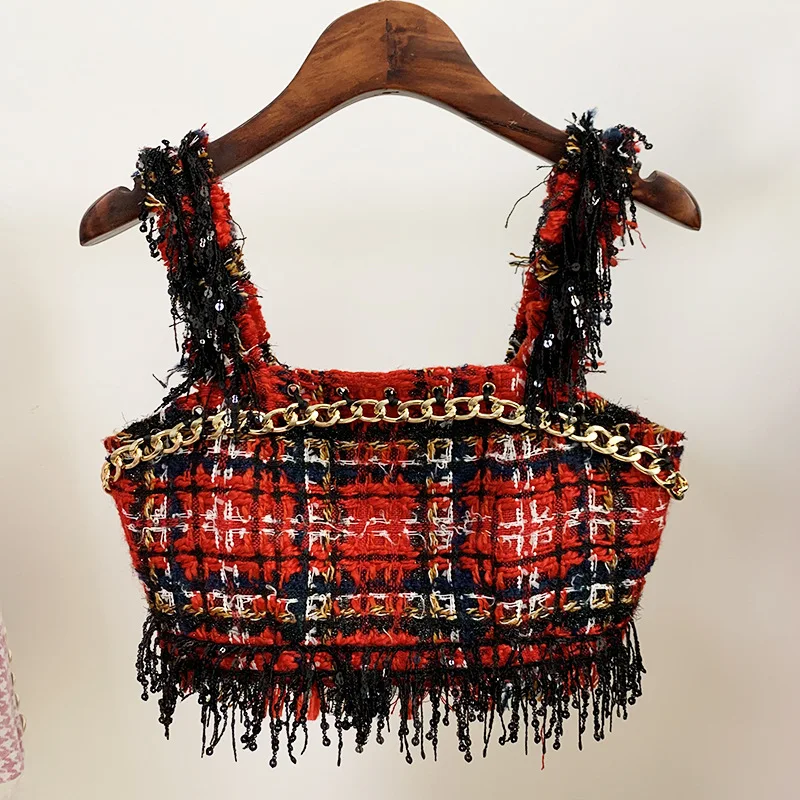 DEAT Women Red Plaid Tassel Chain Tank Tops New Square Collar Sleeveless Personality Slim Fit Fashion Tide Summer 2021 7E0832