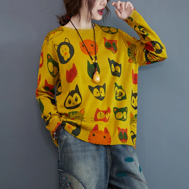 

New Arrival 2020 Autumn Winter Women Sweater Fashion Cute Cat Print Loose Knitted Pullover Sweater Vintage Women Tops