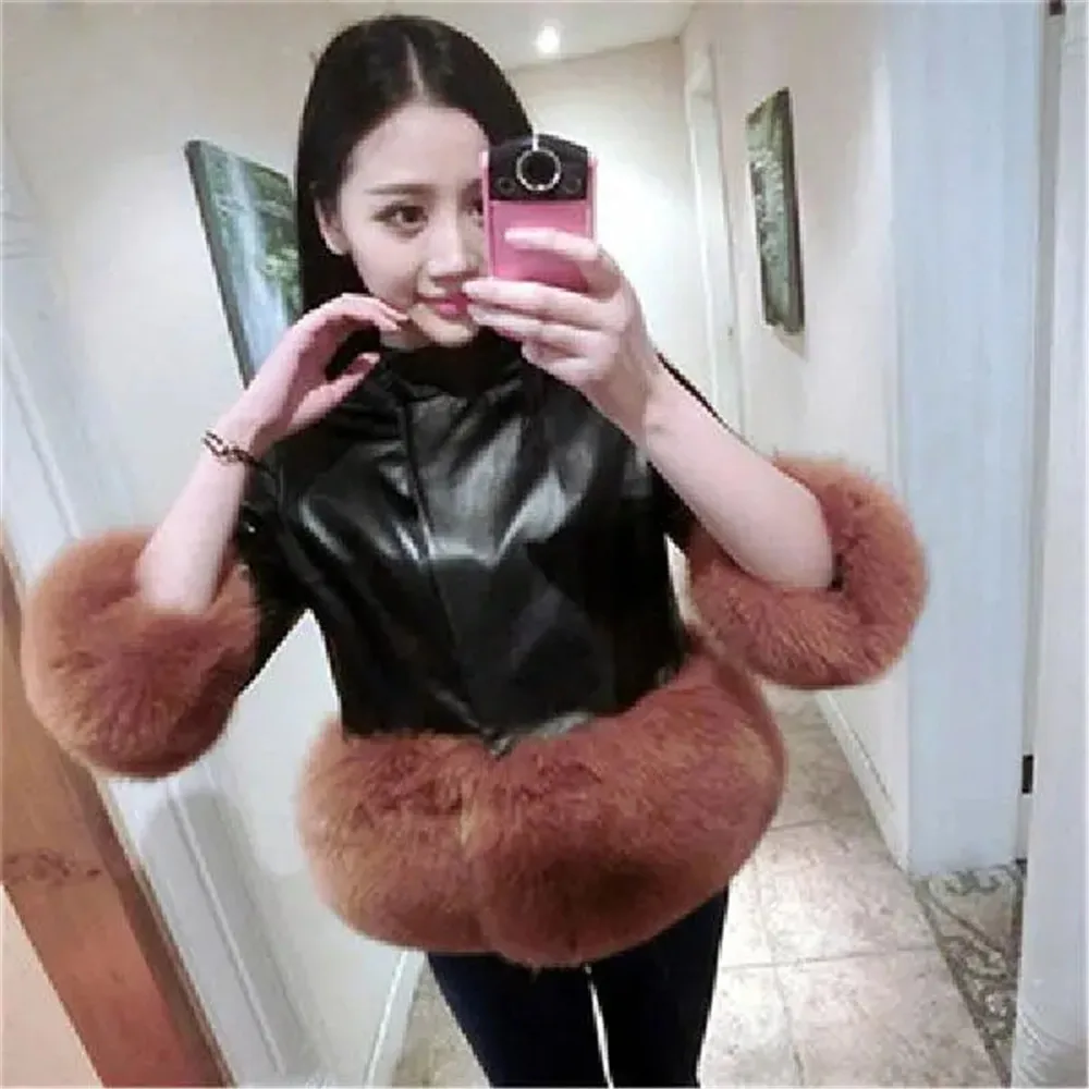 Autumn Women'S Pu Leather Faux Fox Fur Stitching Fur Stand Collar Women'S Cropped Sleeve Leather Coat Female Korean Plush Jacket