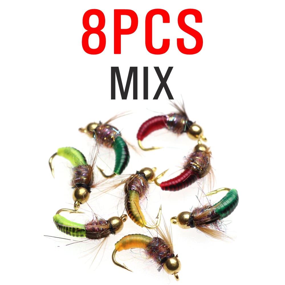 8pcs Mix Color ICERIO 8 шт.#12 латунная бусина голова быстро Тонущая Nymph Scud Жук червь мухи форель нахлыстом приманка для рыбалки - Цвет: 8pcs Mix Color