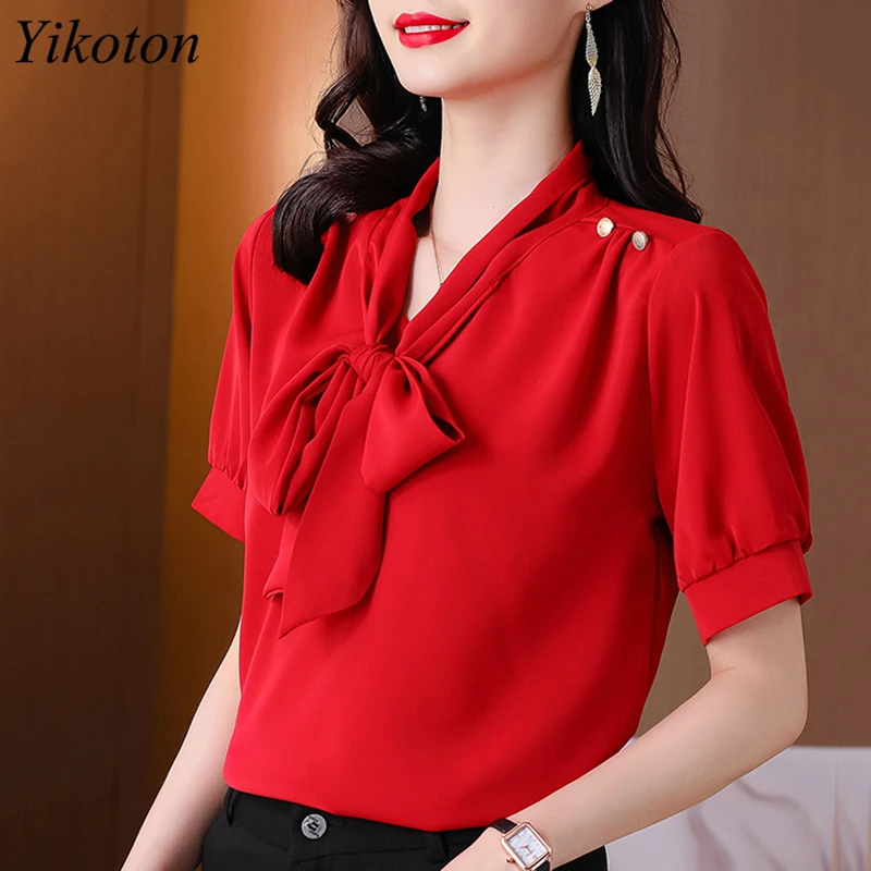 

Blouses and Shirts New 2022 Summer Bow Tie Fashion Women Blouse Short Sleeve White Shirt Female Top Blusas mujer Blusa feminina