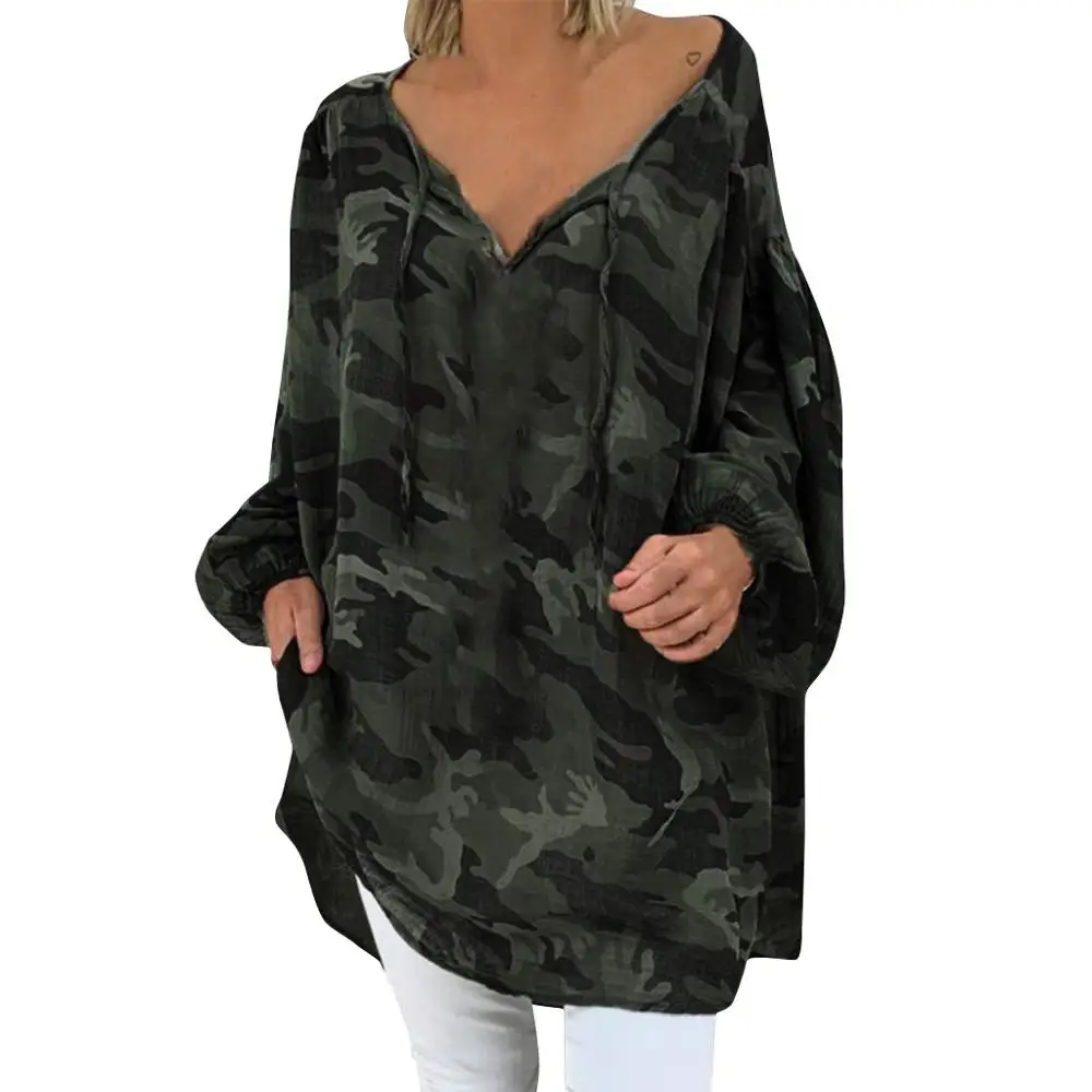 Camouflage Женская флуоресцентная зеленая блузка Осень Зима размера плюс свободный длинный рукав сплошной v-образный вырез пуловер Топы рубашка одежда# G2 - Цвет: Camouflage