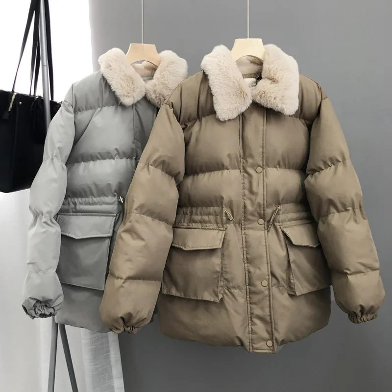 2022 Winter Women Thick Cotton Coat Winter Imitation Rabbit Hair Collar Drawstring Waist Zipper Warm Cotton Down Coat For Women