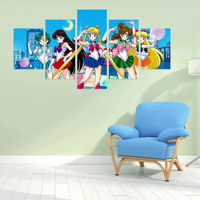 

Japanese Cute Anime Canvas Painting 5 Pieces Sailor Moon Posters and Prints Wall Art Print Mural Pictures Kids Room Home Decor