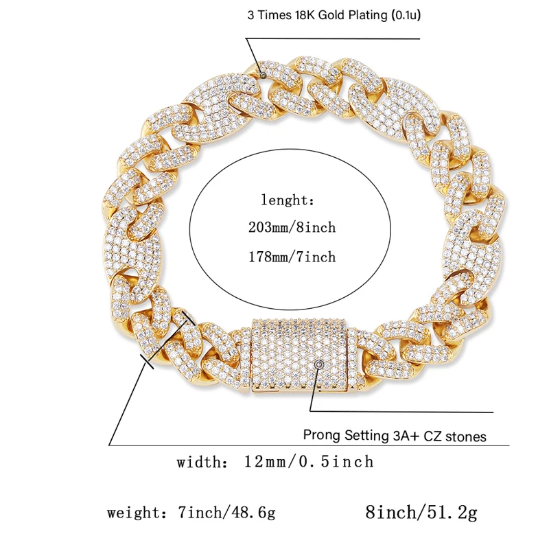 TOPGRILLZ 12mm Big Box Clasp Cubic Zircon Miami Cuban Link Bracelet Iced out Men's Hip hop Rock Jewelry AAA CZ Chain 7" 8" 9"